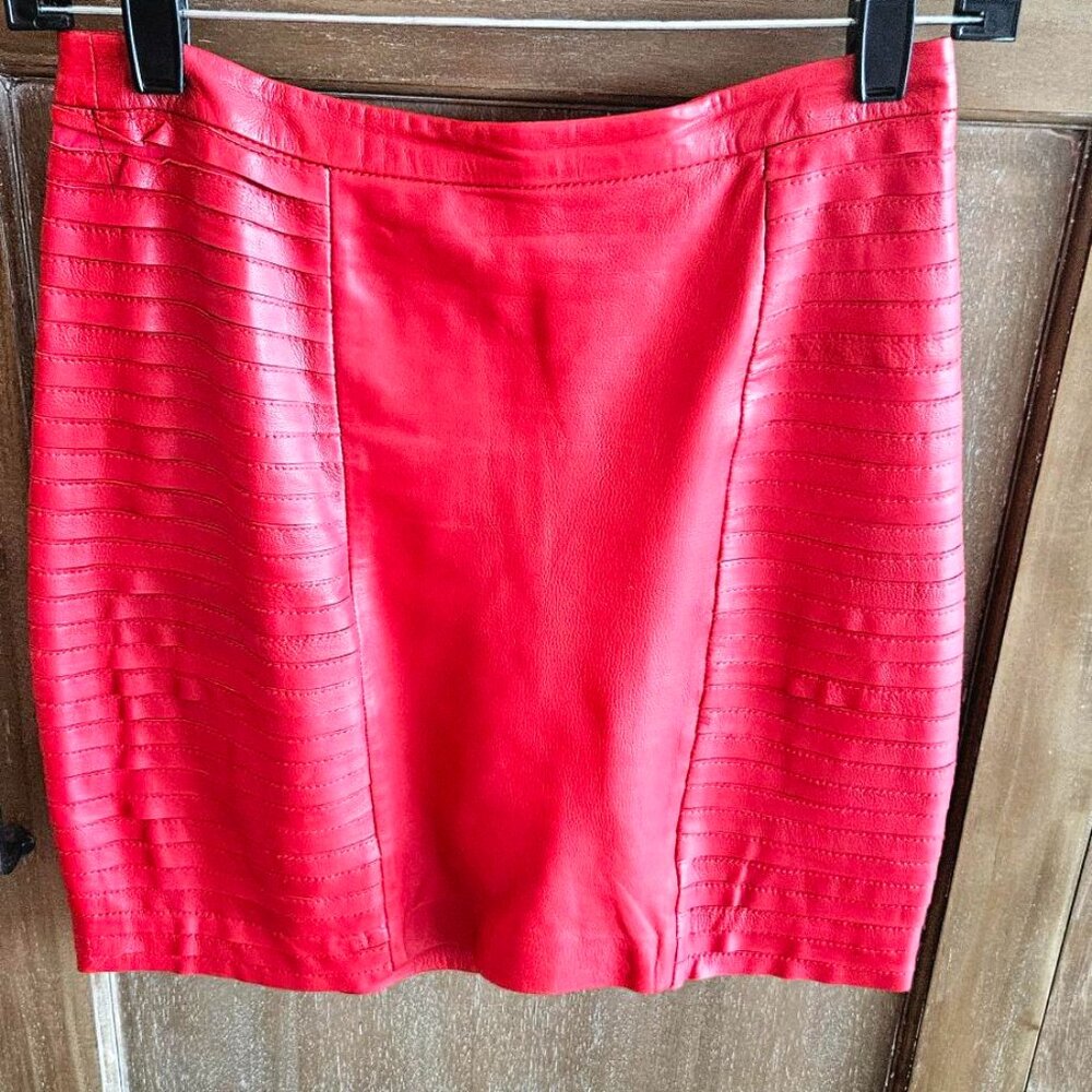 Marciano Red W/Cutouts Mini Skirt - XS - Gold Detail, 100% Lamb Leather